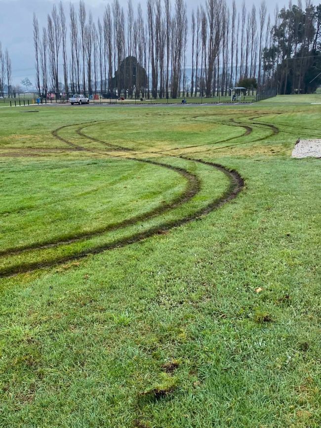 Image shows skid marks across the grass