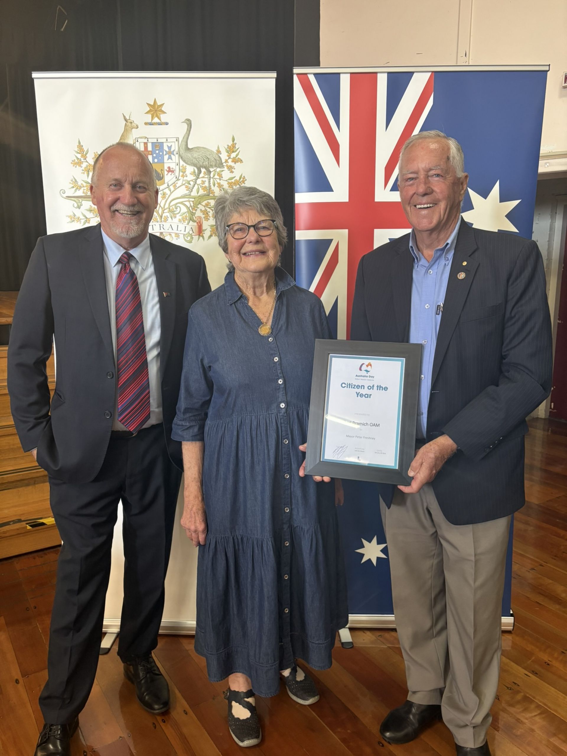 A photo of Mayor Peter Freshney with Judy and Rodney Bramich